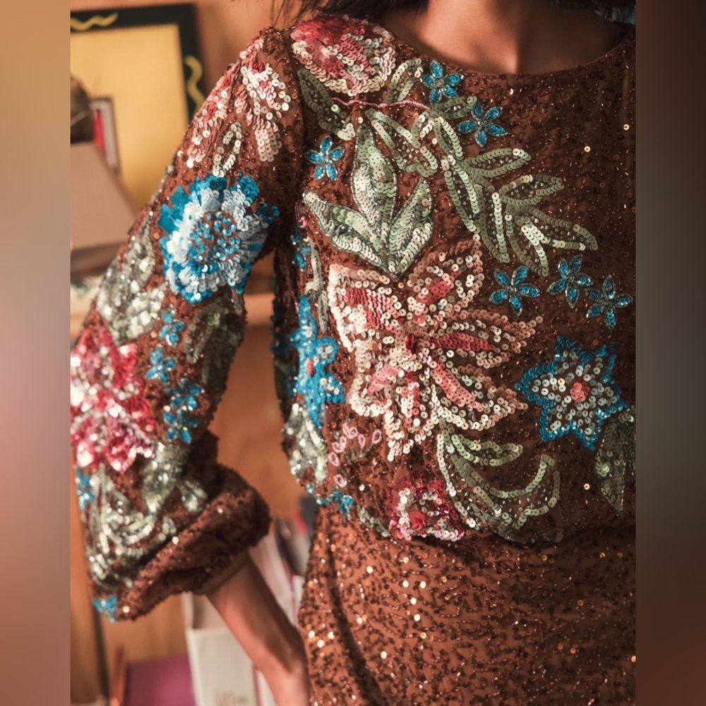NWT $598 MAC DUGGAL Brown Embellished Floral High Neck Gown DRESS LONG SLEEVES - Picture 5 of 8